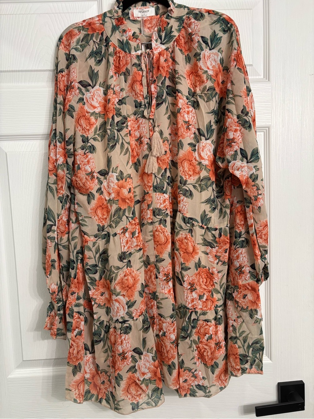 Floral Tie-Neck Mini Dress in Beige and Coral